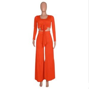 2pc Long Sleeve Tie UP Crop Top Wide Leg Pant Set